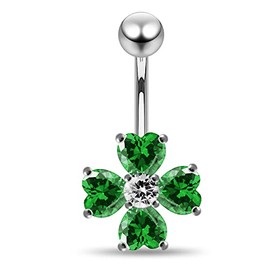 Dark Green Gemstone Fancy Clover Leaf Flower 925 Sterling Silver with Stainless Steel Belly Button Navel Rings