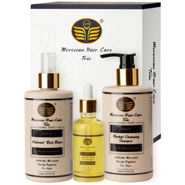 Moroccan Hair Care Trio Set – Argan Oil Blend, Herbal Cleansing Shampoo & Nutrient-Rich Rinse – Cleanses, Nourishes & Revitalizes for Healthier, Shinier Hair – Dermatologist Approved. 3 Piece Set