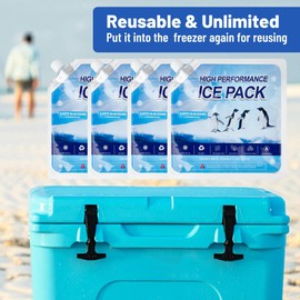 Omoojee Reusable Ice Packs for Cooler, 4 Pack Freezer Ice Packs for Lunch Boxes, Cooler Ice Packs for Camping Gear, Fishing, Large
