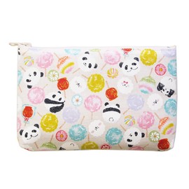 Kyosuu Made in Japan Cotton Pouch Cosmetics Makeup 19cm x 12.5cm Makeup Travel Small Accessory Case Flat Pouch Panda Candy White