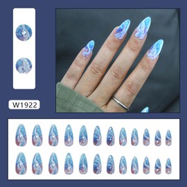 24Pcs Deep Blue Almond Press on Nails Medium Fake Nails with Dreamy Blue Ocean Design Glossy False Nails Full Cover Artificial Glue on Nails Hawaii Stick on Nails Summer Nail Supplies for Women Kit
