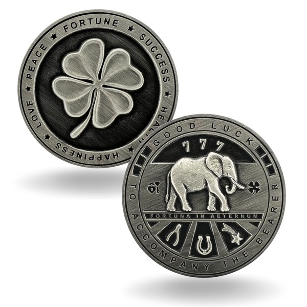Luck Lab Two Sided Lucky Coin Featuring One Side with a Four Leaf Clover and One Side with Elephant and Lucky Symbols - 1.5 inches