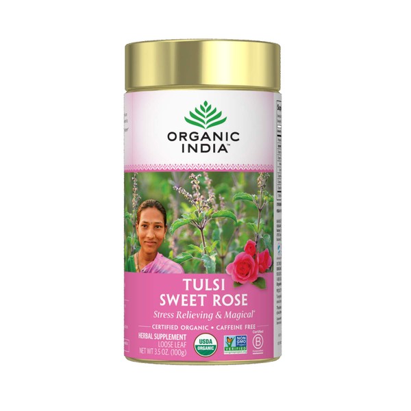 Organic India Tulsi Sweet Rose Herbal Tea - Holy Basil, Stress Relieving & Magical, Immune Support, Adaptogen, Vegan, USDA Certified Organic, Non-GMO, Caffeine-Free - 3.5 oz Canister