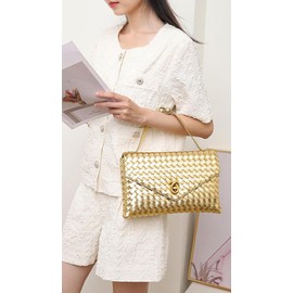 Woven Bags for Women Clutch Bag Cross Body Bag Trendy Totes Hobo Purse Summer Shoulder Bag Handbag for Work Party, Gold, 11.1" x 2.8" x 6.7"