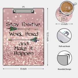 LOWORO Plastic Clipboard, Stardard A4 Letter Size Clipboard 12.5 inch x 9 inch Low Profile Clip, Inspirational Quote Stay Positive Work Hard Make It Happen Design Clipboard Students, Women, Man Kids