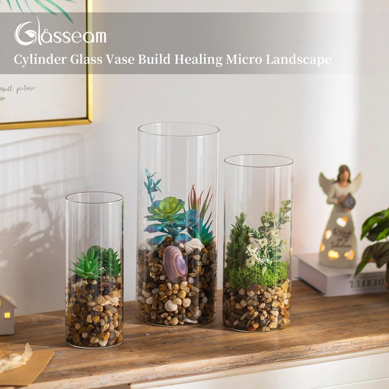 Glasseam Large Glass Cylinder Vases: 3 Pcs Clear Tall Hurricane