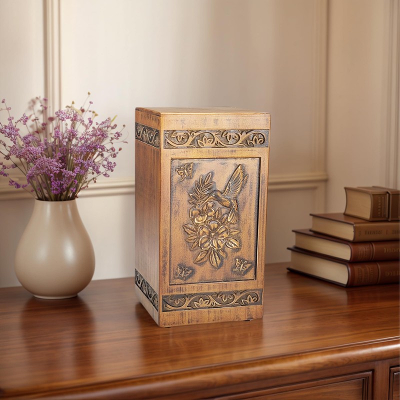 ARRAWIS Hand-Engraved Wooden Urns for Human Ashes Adult - Hummingbird