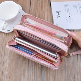 Women's Wallet with Double Zip, Polyurethane Leather Phone Wallet, Large Capacity, Long Clutch Purse with Multiple Card Slots and Wrist Strap Artificial Leather, Rosa3