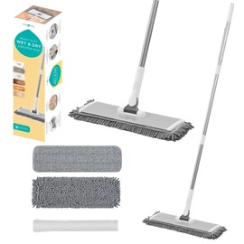 True & Tidy® Heavy Duty Wet and Dry Pet Sweeper Dust Mop, Includes 1 Microfiber and 1 Chenille Pad, Aluminum Mop Head, for All Types of Floors, for Cleaning Pet Hair