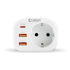 Unidapt 20W USB C Ladegerät | Schnellladefunktion Adapter Steckdose mit 3 USB, 4000W(16A) | Steckdosenleiste, Steckeradapter mit 2 USB-A QC 3.0 und 1 PD USB-C-Anschluss, Weiß