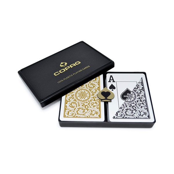 Copag Playing Card Set, Black and Gold Poker Size, Jumbo Index. 100% Plastic Playing Cards