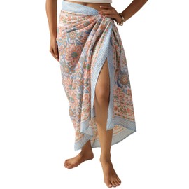 100% Cotton Sarong Coverup for Women Indian Hand Block Print Swimsuit Pareo Wrap Skirt Beach Bikini Cover Up Long (73" x 43")
