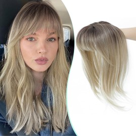 Fine Plus 360° Cover Fringe, 18inch Clip in Fringe Blends Natural Synthetic Hair Topper With Bang Fluffy Wispy Hairpieces for Women Daily Use & Parties (Blonde with Dark Root)