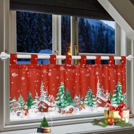 Alishomtll Net Curtain, Christmas Curtain, Romantic Bistro Curtain, Hanging Curtain, Curtains with Loops, Short Curtain for Kitchen, Children's Room, 45 x 120 cm (Snow White Red)