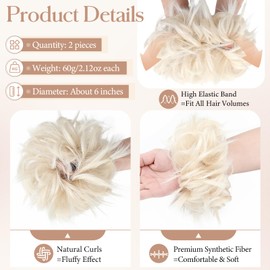FeidyLong 2PCS Messy Bun Hair Piece - Large Elastic Wavy Curly Hair Bun Scrunchies Ponytail Extensions Synthetic Chignon Thick Updo Hairpieces for Women 2.12oz each(Platinum Blonde)