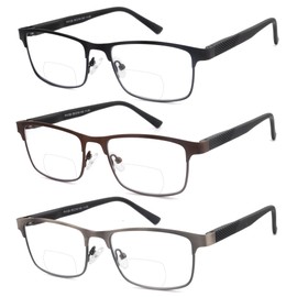 SOPHILY 3 Pack Bifocal Reading Glasses for Men Metal Full Frame Bi-focal Readers Clear Top Far/Near Dual-use Eyeglasses,Black/Brown/Gun metal, +3.00