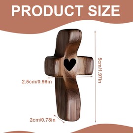 XPEX 1 x Carved Worry Stone, 5 x 3 cm, Small Wooden Cross, Worry Stone Wood, Hand Carved Love Cross Made of Wood with Black Hearts for Prayers Christening Communion