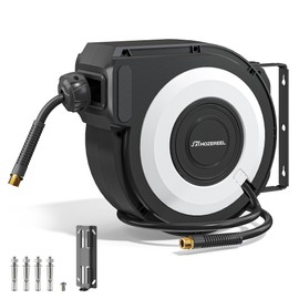 HOZEREEL Enclosed Retractable Air Hose Reel, 3/8 Inch x 45+5 Ft Hybrid Hose Air Compressor Hose Reel in Max 300 PSI Design, 180°Swivel Bracket Quick Coupler(Black)