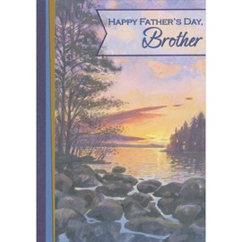 Designer Greetings Rocks, Trees and Evergreens Along Lake Shore Under Pink and Orange Sky Father's Day Card for Brother