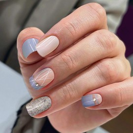 Square Press On Nails - Soft Gel Press On Nails Short with Nail Glue, 15 Sizes - 30 Reusable Fake Nails Kit French with Rhinestone Design