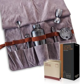 GooD ELEMENT, 8-Piece Set, Cocktail Shaker Sets, with Cloth Bag, Home Bar Accessories, Bartender Set, Cocktail Set Gift, Shaker Stainless Steel Cocktail (Black Hardware - Grey Wrapped Case)
