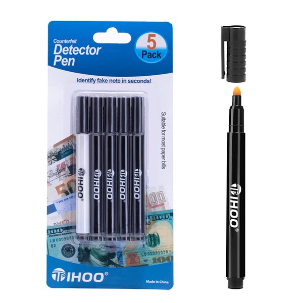TIHOO Counterfeits Pen, Fake Money Marker, Counterfeit Bill Detector Pen, Counterfeits Money Detector Pen (5 Pack)