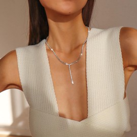 Wendalern Boho Crystal Choker Necklace Silver Rhinestone Pendant Necklace Crystal Y Lariat Necklaces CZ Tennis Chain Necklace Jewellery for Women and Girls, Silver Crystal Metal, Rhinestone