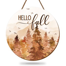 Whaline Hello Fall Forest Wooden Hanging Sign Rustic Watercolor Fall Rustic Wood Welcome Door Sign for Autumn Thanksgiving Farmhouse Indoor Outdoor Home Porch Wall Decor