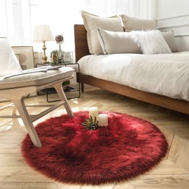 Ashler - Alfombra de piel sintética, esponjosa, ultra suave, de 3 x 3 pies, alfombra de piel redonda, color rojo oscuro, lavable a máquina, alfombra de pelo largo, alfombra de decoración de guardería
