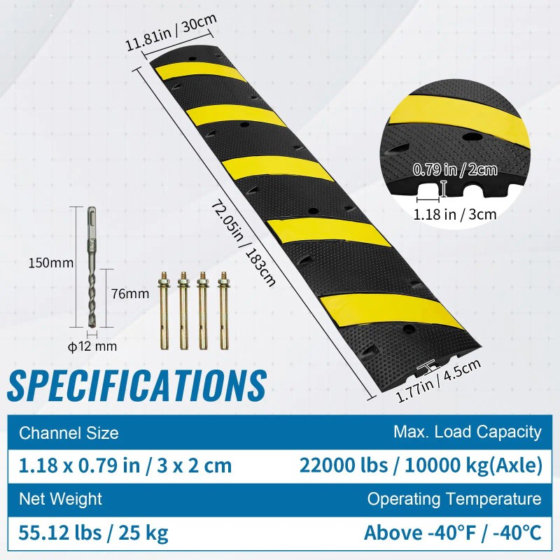 72'' Dual Channel Rubber Speed Bump Durable Traffic Hump with