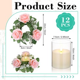 Yunlly Artificial Rose Candle Rings Wreaths 3 Inch Wedding Centerpiece LED Flameless Candles Eucalyptus Rings for Centerpiece for Tables Party Valentine Mother's Day Decoration(Pink,12 Pcs)