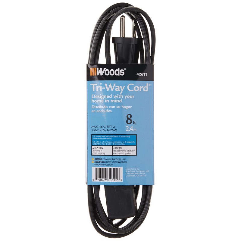 Woods 2611 8-Foot 3-Prong Indoor Extension Cord With 3 Outlets,