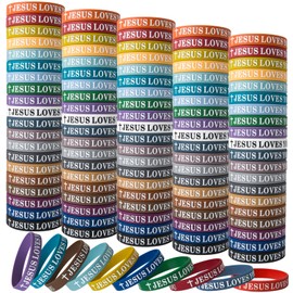 KUCLIN 60 Pieces Jesus Loves You Silicone Wristbands Colorful Rubber Wristbands Christian Bracelets Bulk Motivational Rubber Wristbands Inspirational Bracelet for Men Women Party Favors