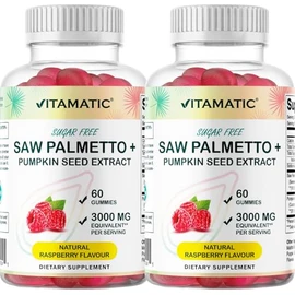 Vitamatic Sugar-Free Saw Palmetto with Pumpkin Seed – 3000 mg Equivalent per Serving – Natural Raspberry Flavor – 60 Gummies - 2 Pack