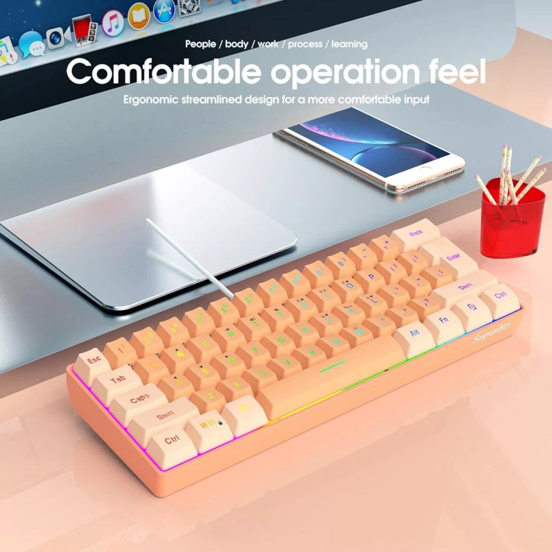 Snpurdiri 60% Wired Gaming Keyboard, RGB Backlit (Cream and Orange)