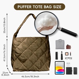 Bagtopia Tote Bags for Women, Lightweight Quilted Tote Bag with Zipper, Large Puffy Shoulder Bag Handbag Overnight Weekender Bag for Travel, Work, Gym, Beach, Shop, Coffee
