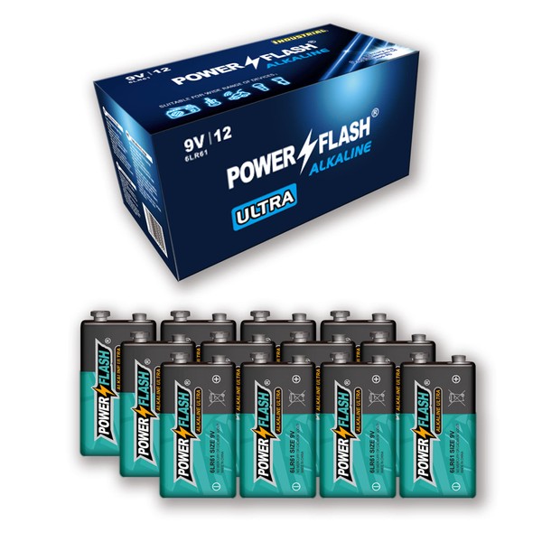 POWER FLASH 9V Batteries with Fresh Date - 12 Industrial Pack - Ultra Long Lasting All Purpose 9 Volt Battery