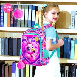 3PCS Flamingo Backpack for Girls, Water Resistant Kids Bookbag Set with Lunch Box, Cute School Bag for Preschool Toddler - Heart Flamingo