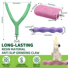 3 Pack Bird Perch Stand Cage Accessories, Rough-Surfaced Parrot Beak Paw Grinding Resin Stone Nail Trimming Platform, Stick Toys for Parakeet Cockatiel Budgie Conure Rat, 3 Colors A