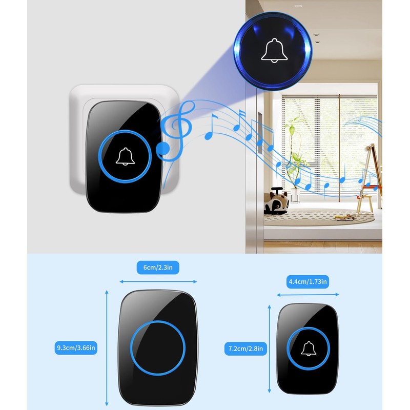Waterproof Wireless Doorbell Kit, 300m Wireless Range Front Doorbell with