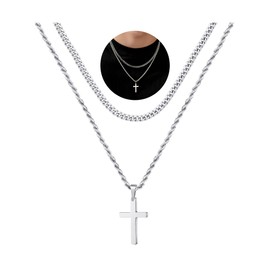 Yooblue Cross Necklace for Men - Stainless Steel Cross Chain Necklace for Men, Mens Jewelry Cross Pendant Cross Necklace, Layered Silver Chain for Men