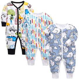 amropi Baby Boys Romper Cotton Pyjamas Pack of 3 Pyjamas Sleepsuit Overalls for 0-24 Months, Black/White/Blue
