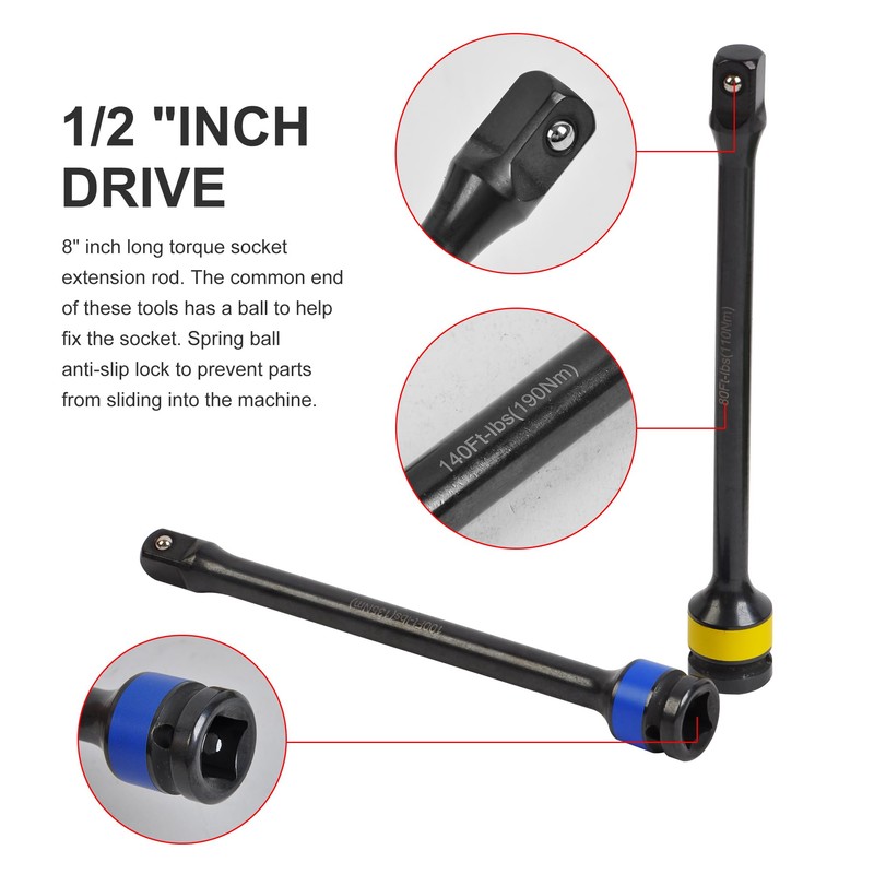 5PCS 1/2 in. Drive Torque Limiting Extension Bar Set, 65-140