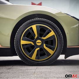 OMAC - Matt Black with Yellow Hub Caps 14 Inch Set of 4, Tapas para Rines 14, Premium Wheel Covers 14 Inch, R14 Rim Cover Set, Snap On Durable Car Replacement Exterior Accessories