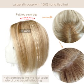 FQNing Topper Hair Piece Human Hair for Women, Balayage Style No Bangs Remy Straight Hair Blonde for Thin Hair(10 Inch, T16/10,honey blonde with toffee lowlights and level 9/10 root)