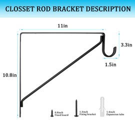 AYAYGD 4PCS Heavy Duty Black Closet Rod Brackets 11 x 11 Inch,1-3/8Inch Diameter Shelf and Rod Bracket Holder for Home and Closet Decor, Wall Mount Closet Pole Supports Bracket Hook with Screws