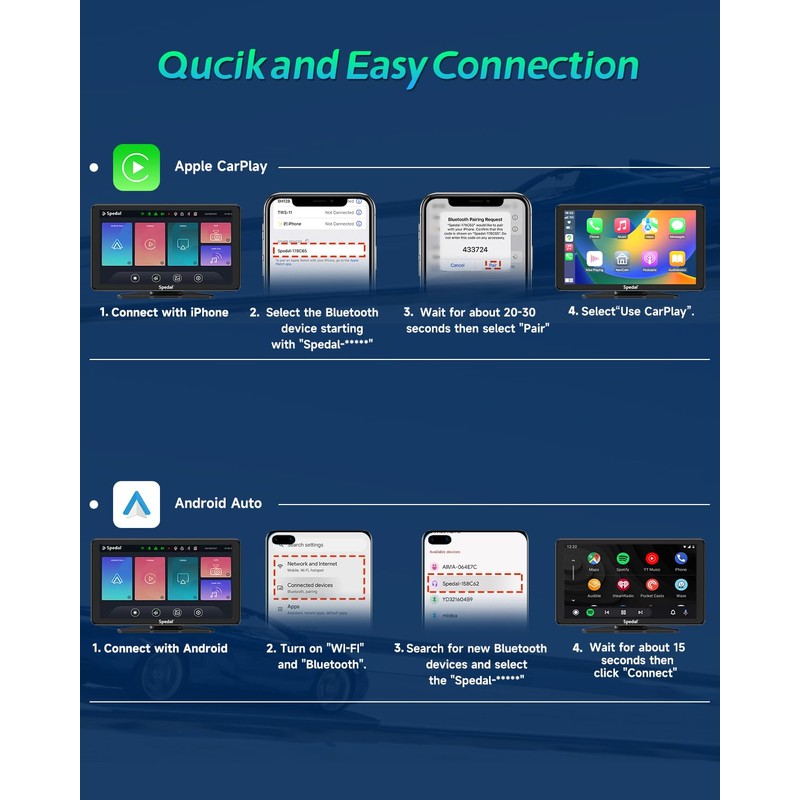 Spedal Car Play with Backup Camera, Portable CarPlay and Android
