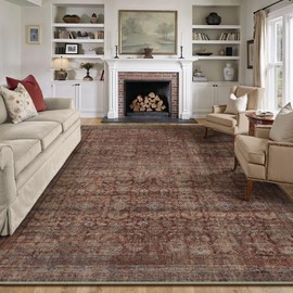 WondRg 8x10 Red Washable Neutral Area Rug Living Room Floral Non Slip Low Pile Large Rug Vintage Traditional Stain Resistant Distressed Carpet Bedroom Dining Room Office Playroom