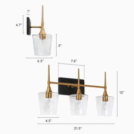 ZEVNI Bathroom Light Fixtures, Modern Vanity Lights Over Mirror, 3-Light Black Gold Bathroom Lighting with Seeded Glass Shades, L 21.5" x W 6.5" x H 12"
