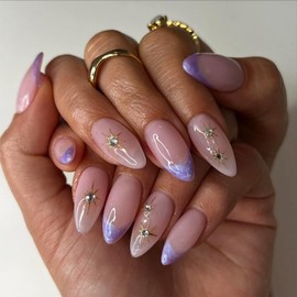 Purple French Tip Press on Nails Short Almond Fake Nails with Designs Metal Star Stick on Nails Nude Glossy Acrylic Nails Full Cover Pink False Nails Gilded Gem Glue on Nails for Women Manicure 24pcs